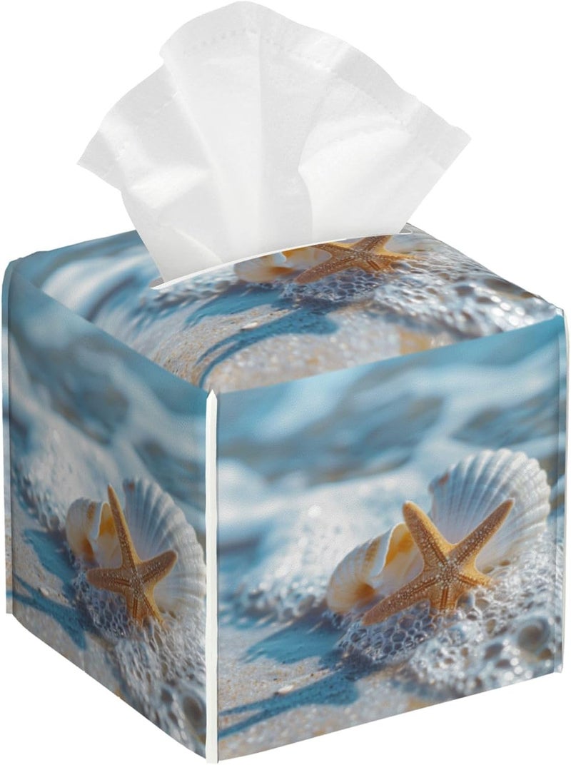 sndheke Shells Starfish on Beach Tissue Box Cover Square,Summer Ocean Shells Starfish Tissue Box Holder Waterproof Leather Facial Paper Organizer Dispenser for Bathroom Home Car Nightstand Vanity Desk - Image 1